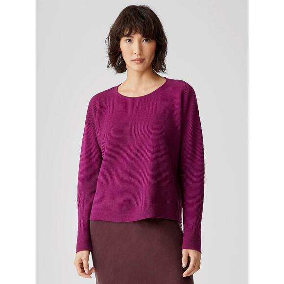 New Eileen Fisher Crew Neck Box-Top Purple Ribbed Knit Linen Long Sleeve Sz L - Picture 2 of 9
